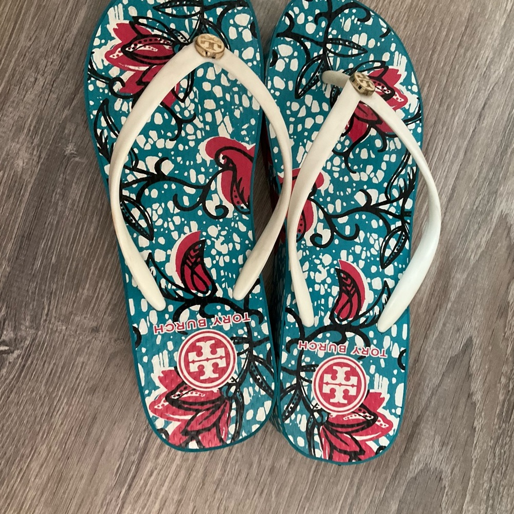 Tory Burch Teal and Red Floral Sandals